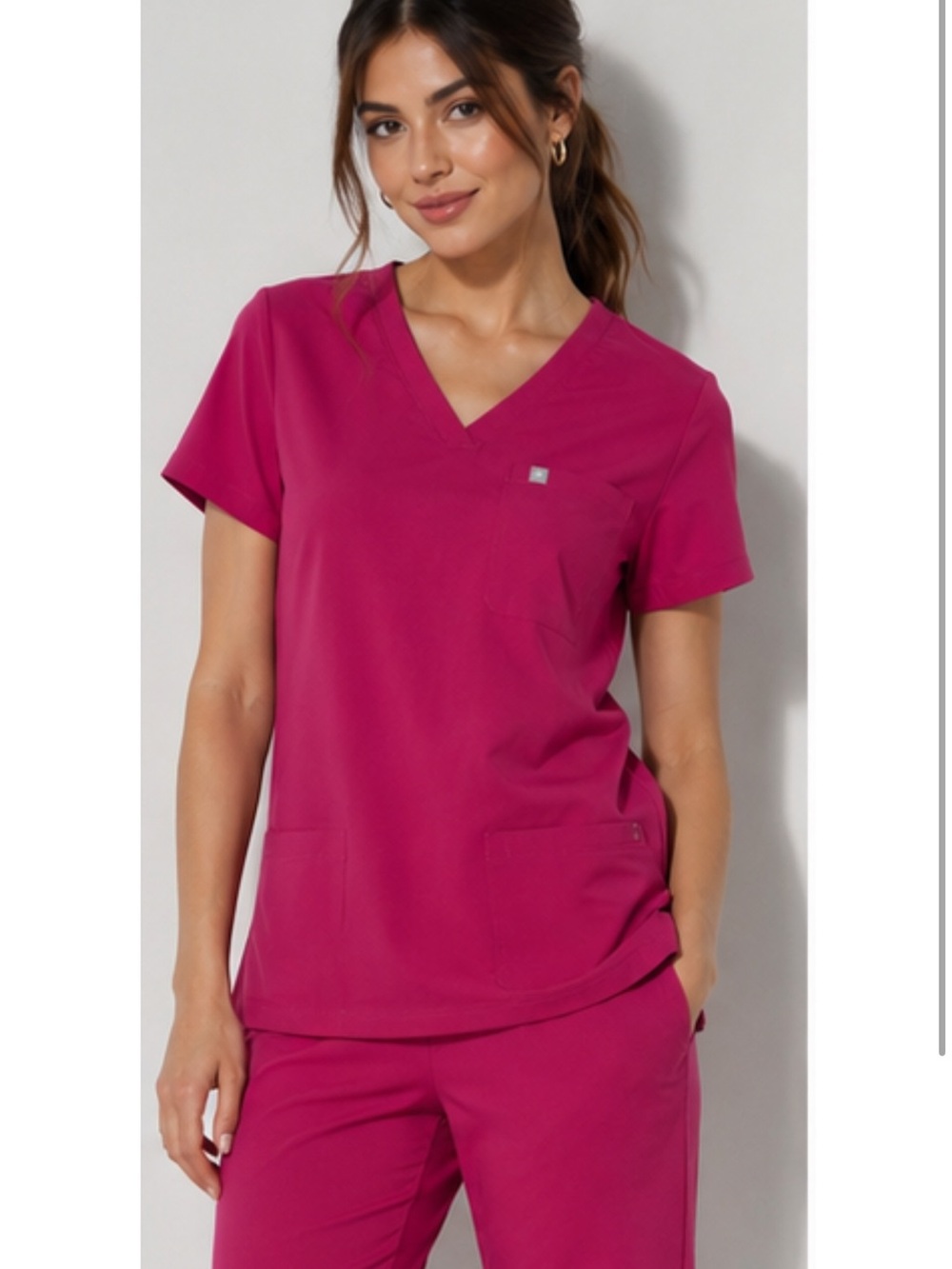 Fabletics Magenta V-Neck Short Sleeve Scrub Top